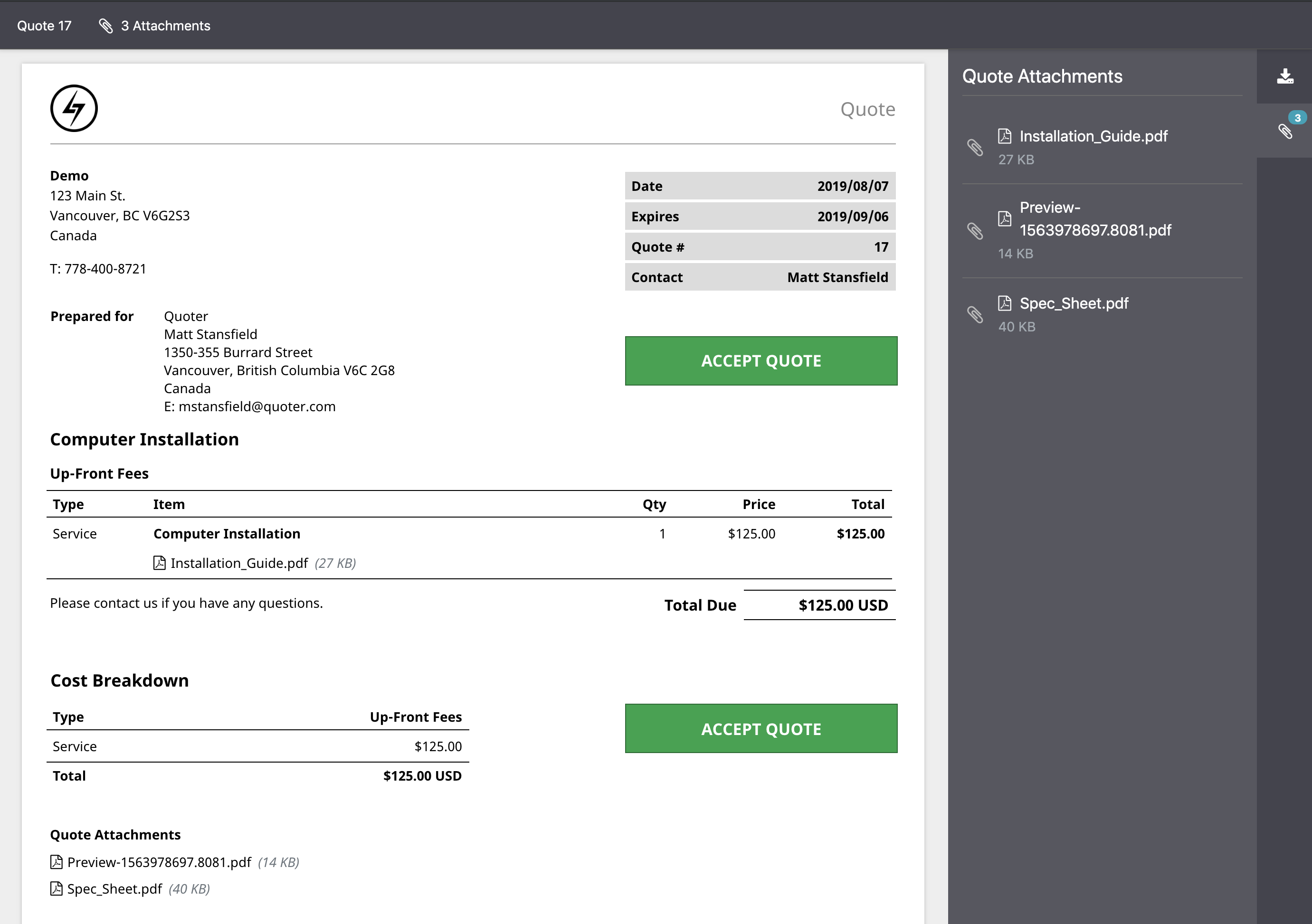 quote attachments for download when reviewing a quote