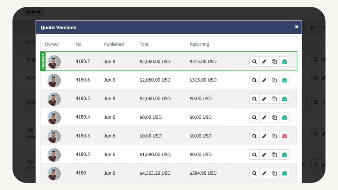 quote revisions version history